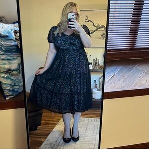 Torrid soft mesh midi dress sz 00 12 black multi print v neck cocktail party